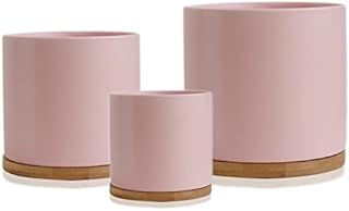 Olly & Rose Set 3 Ceramic Plant Pots with Bamboo Coasters Pastel Pink Indoor Planters Ceramic Flower Pots Containers Outdoor Large, Medium, Small with saucers