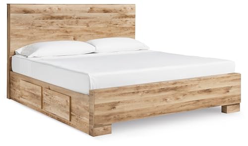 Image of Signature Design by Ashley Hyanna King Size Storage Bed Frame | Engineered wood king bed with 4 drawers, Rustic platform bed with storage for bedrooms, Replicated oak grain finish