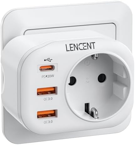 LENCENT USB Steckdose Mehrfachstecker EU Adapter mit 1 PD & 2 QC 3,0 | Schnellladung Anschlüße, Steckdosenadapter Wand Steckdose Schuko 4000W Stromadapter USB Stecker für Phone und
