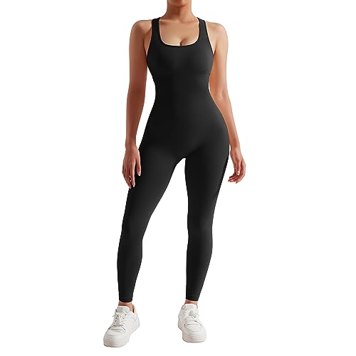 RXRXCOCO Gerippte Ärmellos Jumpsuits Damen Lang Eng Tank Rückenfreie Padded Einteiler Bauchweg Sport Yoga Overall Romper Schwarz M