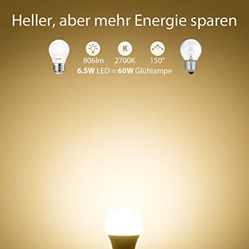 LVWIT E27 LED 6.5W ersetzt 60W Glühlampen, Warmweiß 2700K, G45 LED Leuchtmittel, 806lm, matt (6er Pack) – Ansicht 3