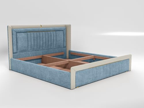 Image of Acacia Modern Upholstered Queen Size Bed with Box Storage for Bedroom | Wooden Double Bed with Storage | Platform Cot Bed with Upholstery Premium Fabric | 6.5 x 5 Ft, Sheesham Wood, Light Steel Blue