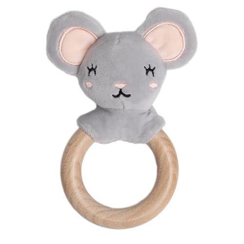 Pearhead Mouse Wooden Baby Teether - Soft Plush Lovey, Baby Keepsake