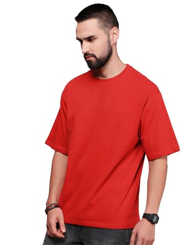 Image of LEOTUDE Half Sleeve Oversized Tshirt for Men, Round Neck Cottonblend Drop Shoulder Solid T-Shirt (Color Multicolor)