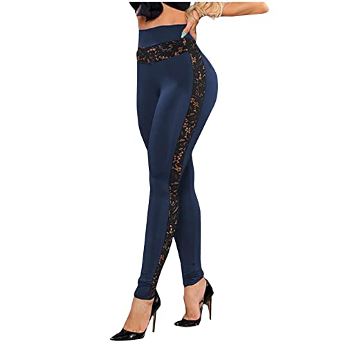 Women's Mesh Panel Side Sheer Lace High Waist Leggings Skinny