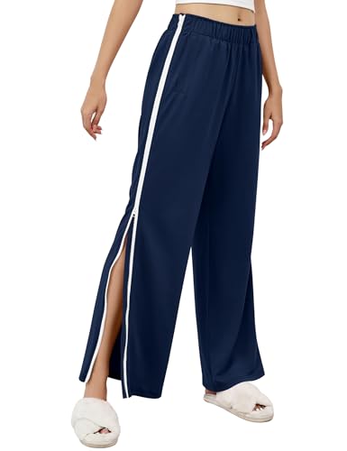 LOMON Womens Tear Away Pants Sides Full Open Sweatpants Double Slider Zip Off Post Surgery Pant with Pockets Navy Blue