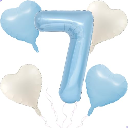Blue 7 Balloon Number Pastel Blue Birthday Party Decor for Girls Boys, 40inch Big Sky Blue Balloon Foil Mylar 7 Birthday Balloon for 7th Birthday Party Anniversary Decorations Supplies Favors