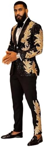 Men's Suit 2 Pieces Blazer and Pants Black with Gold Applique Fit for Wedding Prom