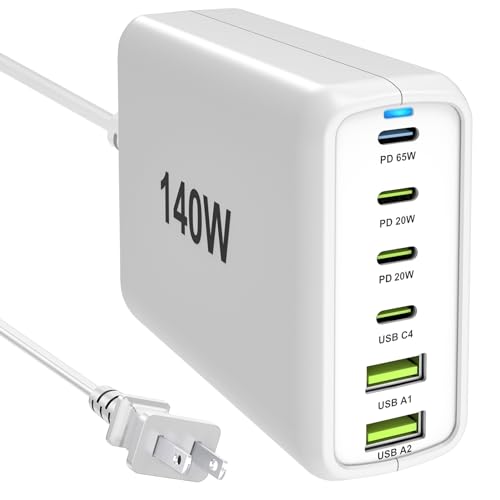 RISWOJOR 140W USB C Multiport Charger with PPS PD65W Dual PD20W, 6 Port USB and USB C Charging Station, Fast USB C Laptop Charger for MacBook iPhone Galaxy iPad Tablets White