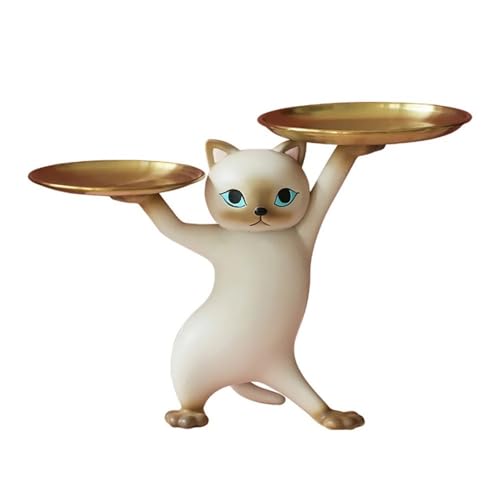 Figura decorativa moderna de gato de resina con bandeja dorada