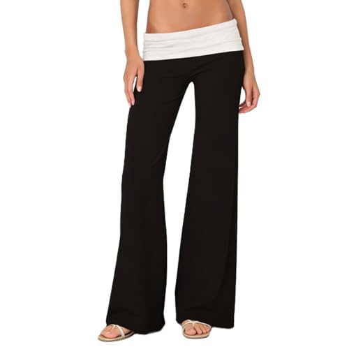 Image of Lounge Yoga Pants for Women Fold Over Low Waist Wide Leg Bell Bottoms | Y2K Foldover Pants, Flare Leggings, Low Rise Yoga Sweatpants