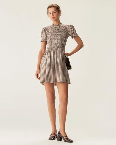 Image of RIHOAS Plaid Gingham Midi Dress Short Sleeve Smocked Dresses for Women | Cotton,Ruffle Puff Sleeves,Vintage Brown,Spring Summer Casual Daily,Picnic,Travel,Vacation,Christmas Festive Occasions