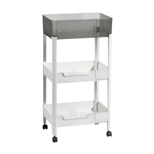 Goovilla Rolling Makeup Organizer Cart with Removable Drawer, 3 Tier Stable White Floor Skincare Storage Cart for Vanity, Cosmetic Display, Nail Polish, Perfume, Hair Stuff, Beauty, Bathroom(Plastic)