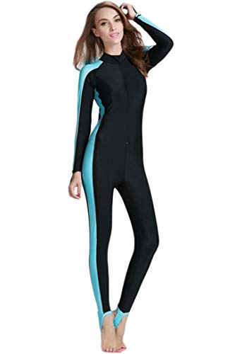 One - Piece Rash Guard Sun Protective Swimsuit for Women Blue, Long Leg Cover - Blue, M for Height 64 inch - 66 inch