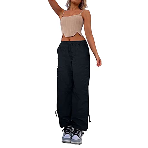 Pantalones de chándal grandes y altos para mujer, pantalones de construcción con cordón, pantalones de mezclilla de cuero para playa, pantalones cortos de moda, Negro, M
