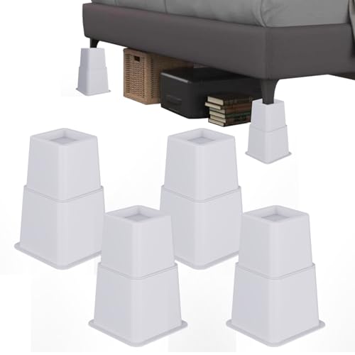Demiwise Heavy Duty Bed Risers - Set of 4 Adjustable Furniture Risers, Elevation Heights of 3, 5 & 8 Inches, Supports Up to 1,300 lbs for Bed, Couch, Table & Chair(White)