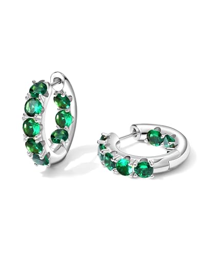 MESOVOR Diamond Hoop Earrings for Women Trendy, 18K Gold Plated Dainty CZ Huggie Earrings | Emerald Green Cubic Zirconia Earrings Christmas Jewelry Gift (Silver-Green)