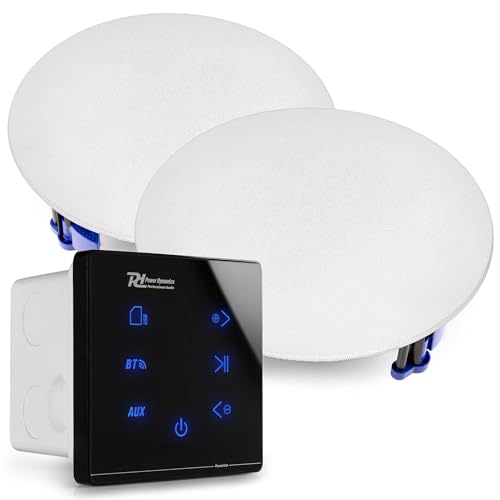 Power Dynamics Powerline A50BSET Kit Amplificateur 2X 20 Watts avec Enceintes de Plafond Blanches, Bluetooth, USB et Micro SD, Écran Tactile, Livré avec Télécommande