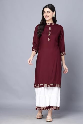Image of Women Rayon Straight Golden Foil Printed Kurta with Palazzo || Kurti with Palazzo Set for Casual Party & Festival Wear in Round Neck with 3 /4 Sleeve for Girls