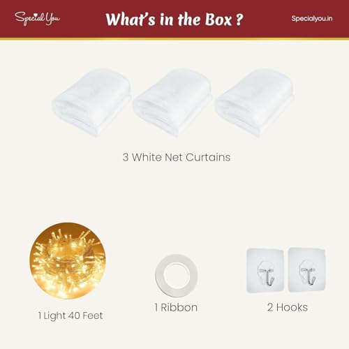 SpecialYou.in net Canopy for bed kids room, White net, Cabana Aesthetic Room Decor Sheer Curtain for Photoshoot Prop, Birthday, Gender Reveal, Baby Shower, Baptism with led String Lights- 6 Items