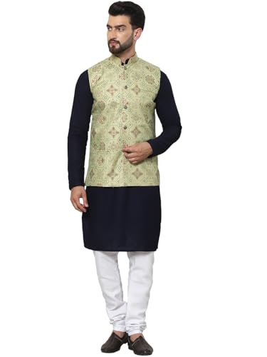 Image of SOJANYA (Since 1958 Men's Cotton Linen Maroon Kurta and White Pyjama with Mustard Cotton Nehru Jacket