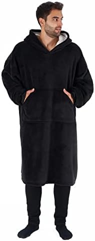 Sienna Extra Long Oversized Blanket Hoodie Wearable Throw with Pockets Sleeves Soft Sherpa Fleece Wearable Throw Giant Sweatshirt, Black