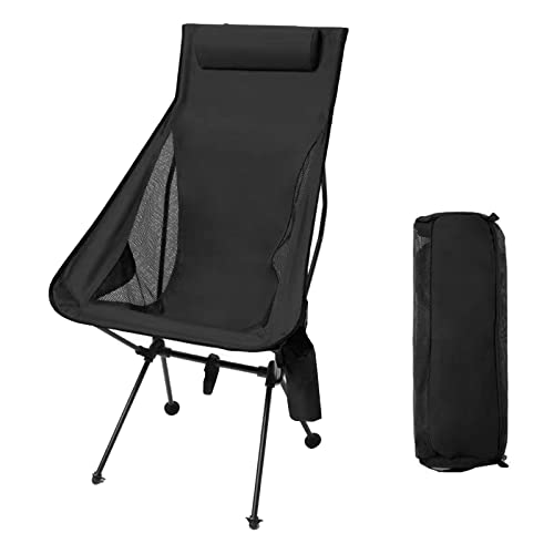 Sequpr Outdoor Ultralight High Back Folding Camping Chair ，Heavy Duty Mesh Lightweight Beach Lounge Chair with Pillow and Cup Bag, Large Chair for Travel, Hiking,Fishing,Beach (Black)
