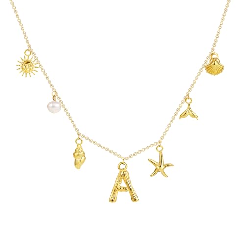 SLOONG Initial Charm Necklace for Women, Beach Pendant 14K Gold Plated Letter Neckalces Freshwater Pearl Choker Boho Summer Jewelry Gifts2
