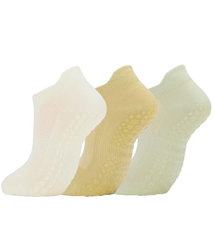 Pilates Grip Socks Non Slip Barre Socks Cute Yoga Ankle Socks Grippy Socks for Women 3 Pairs - Light Yellow Light Green Ivory White One Size