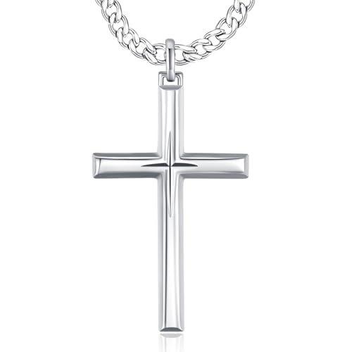 925 Sterling Silver Cross Necklace for Men Women with Stainless Steel Cuban Chain 22