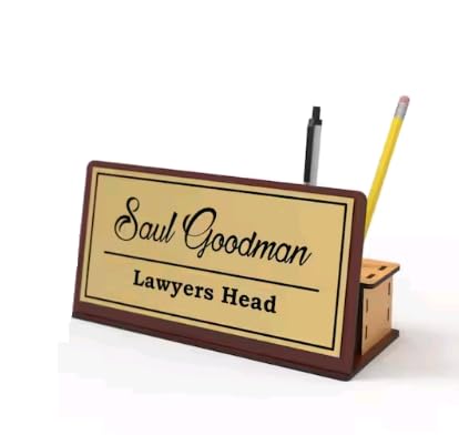 MeeCraft Wooden Office Table Nameplate - Desk Organizer with Pen and Card Holder (16x10x10 cm, Brown, Beige)-image-22