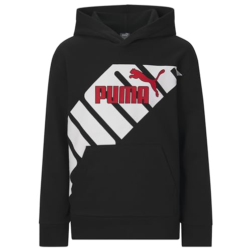 PUMA Boys' Logo Pullover Hoodie, Fleece Sweatshirt, Large Front Pocket, Black/Red, S