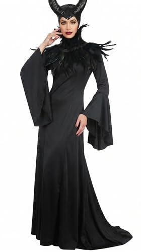 Image of UQJE Black Gothic Witch Costume Raven Costume Halloween Feather Shawl Mesh Cape with Horns Set