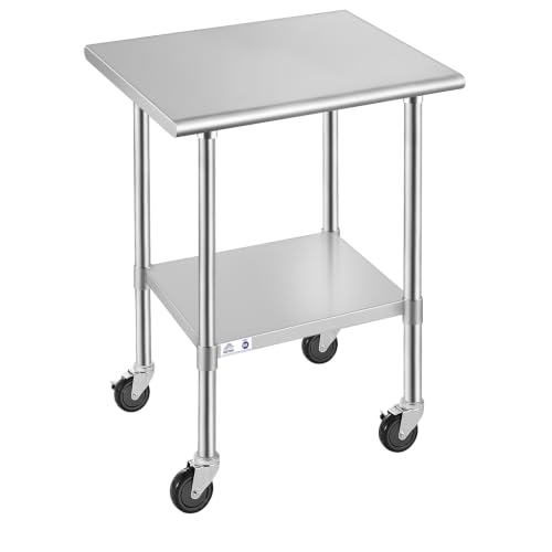 Image of ROCKPOINT Stainless Steel Table for Prep & Work with Caster Wheels 24x30 Inches, NSF Metal Commercial Kitchen Heavy Duty Table with Adjustable Under Shelf and Table Foot for Restaurant, Home and Hotel