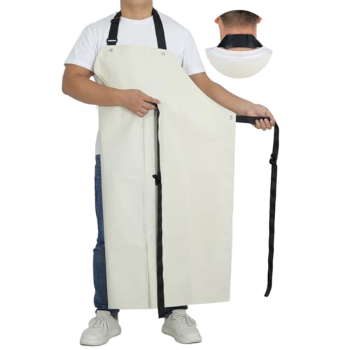 STPGIFC Thick Rubber Apron Waterproof Apron Butcher Heavy Duty 45.3 Inch x 33.5 Inch Oil Chemical Resistant Adjustable Work Apron for DishWashing Cleaning Fish (White 1 Pack)