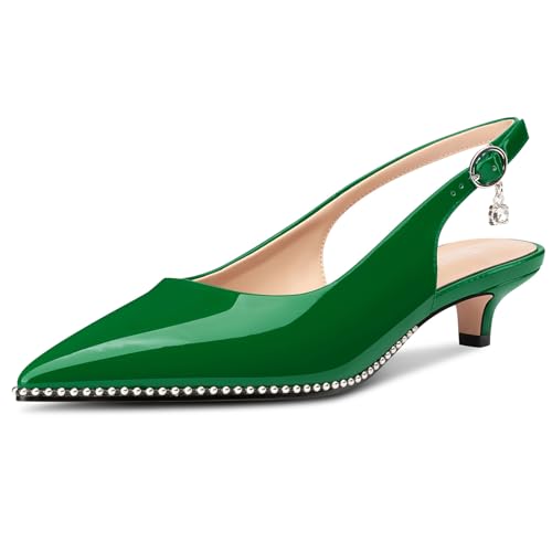 Image of TNYNFBEB Womens Low Kitten Heel Close Pointed Toe Pumps Slingback Silver Beaded Buckle Prom Party Dress Patent Leather 1.4 Inches Heels