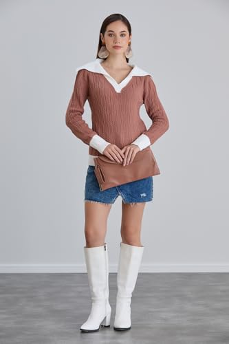 Image of Sweaters for Women Fashion Long Sleeve Lapel Collar V Neck Casual Knit Color Block Pullover Sweater