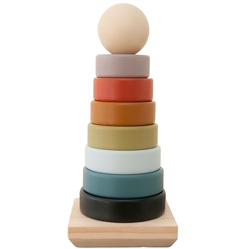 Image of Our Littles Co Neutral Rainbow Wooden Ring Stacker Toy | Montessori Stacking Rings for Toddlers | Educational & Developmental Sensory Toys Non-Toxic, Safe & | Designed in The USA