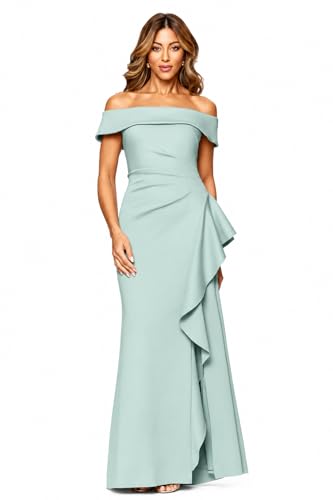 Xscape Evenings Women's Long, Ruched Off-the-Shoulder Low-Sheen Evening Dress with Leg Slit & Ruffle Detail, Sage, 4