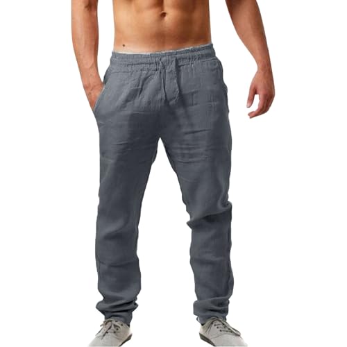 Mens Casual Pants, Cargo Pants for Men Solid Color Linen Pant Casual Stretchy Drawstring Waist Trousers with Pockets2