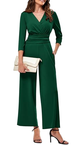 JASAMBAC Ladies Jumpsuits,Elegant Wide Leg Evening Jumpsuit 3/4 Length Sleeves Festival Outfit Wedding Guest Outfits One Piece Ruched Wrap V Neck&High Waist Party Romper