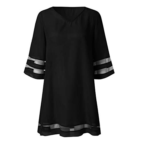 Women 3/4 Bell Sleeve Mini Dress Loose T Shirts Dress Casual V Neck Mesh Dress Loose Blouse Dress Tunics Beach Dress (Black, XL)