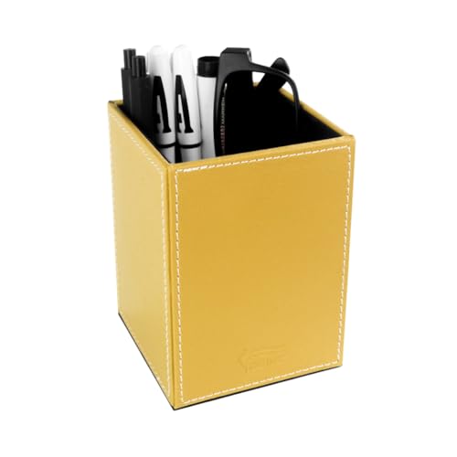 Image of Pen Pencil Holder Cup Container PU Leather Desk Organizer Stand Decor Brush Scissor Holder Decoration Office Desk Home School (Yellow, 3.54 inch x 3.54 inch x 4.72 inch)