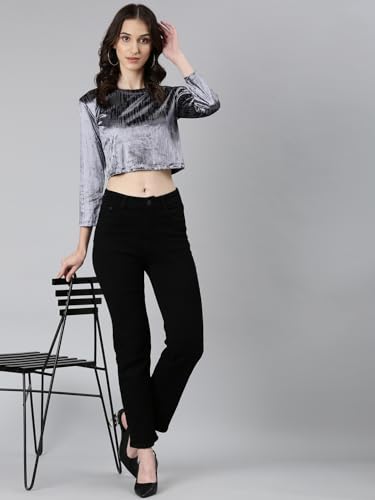Image of SHOWOFFFF Women Shimmer Casual Top | Round Neck Full Sleeves Nylon Top's for Womens | Regular Fit Crop Tops for Women's