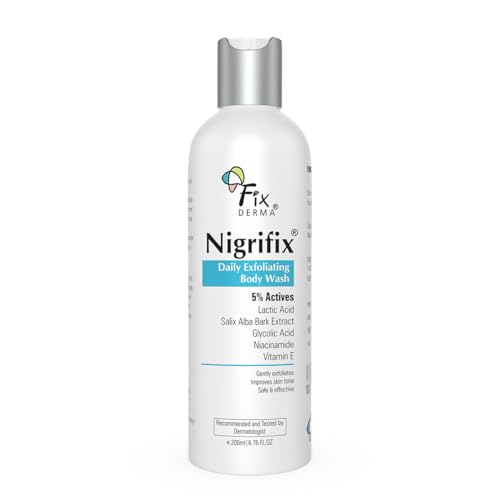 Image of Fixderma Nigrifix Exfoliating Body Wash with 5% Actives (Lactic Acid, Glycolic Acid, Niacinamide Acid & Vitamin E) | Gentle Exfoliating Shower Gel | Improves Skin Tone | Body Wash Shower Gel - 200ml