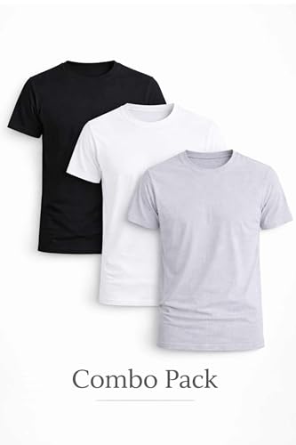 Image of Men's Round Neck T-Shirt Combo Pack (Pack of 3) | 100% Cotton 200 GSM | Bio-Washed | Soft & Breathable | Regular Fit Plain T-Shirts for Men