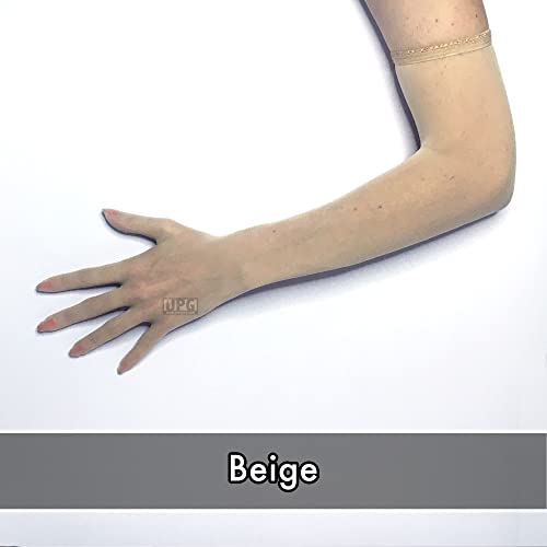Image of Unicorns Poop Glitter Nude Illusion Second Skin Sheer Seamless Gloves with Elastic Top Seam in Beige, Tan; Over Elbow; Unisex