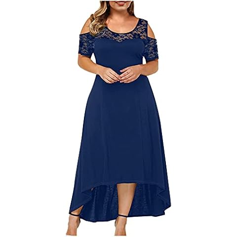 YUNIAO Summer Plus Size Maxi Dresses for Wedding Guest, Women Black Sexy Lace Cold Shoulder Short Sleeve Crewneck Long Dress, A01#navy, 5X-Large Cover