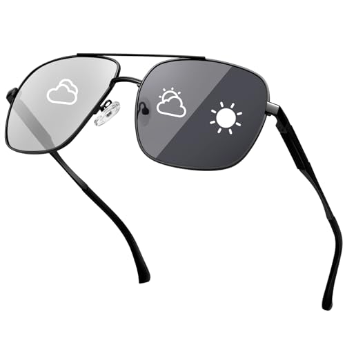 Image of KANASTAL Photochromic Sunglasses Mens Changing Metal Square Womens Vintage Wide UV400 Protection - Black Reactolite
