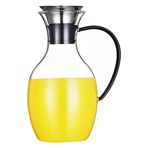 Purefold 50 Ounce Glass Pitcher with Drip-Free Stainless Steel Lid, Hot and Cold Water Carafe, Fruit Tea Coffee Maker, Ice Tea Pitcher, Juice Jar - Black Handle Series Cover